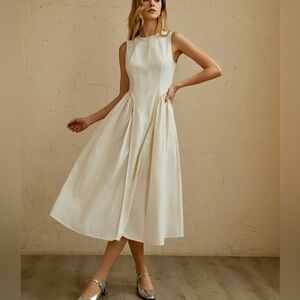 Sleeveless Cream Midi Dress with Pleated Skirt